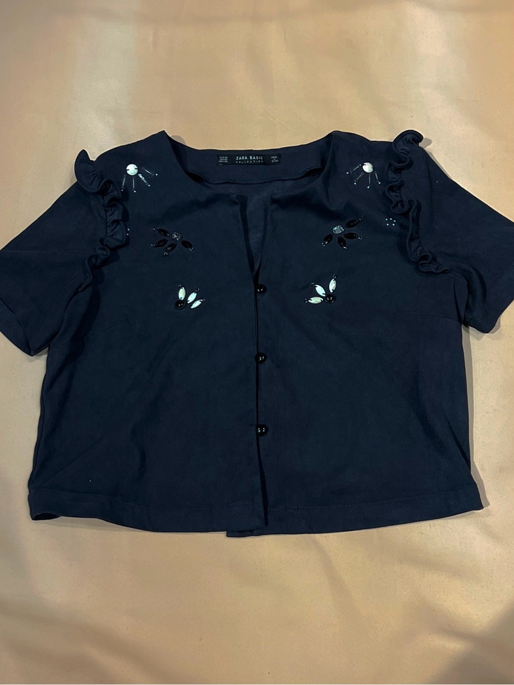 Zara Basic Top XS Black Faux Suede Beaded Ruffle Short Sleeve Coquette Blouse - Picture 2 of 8